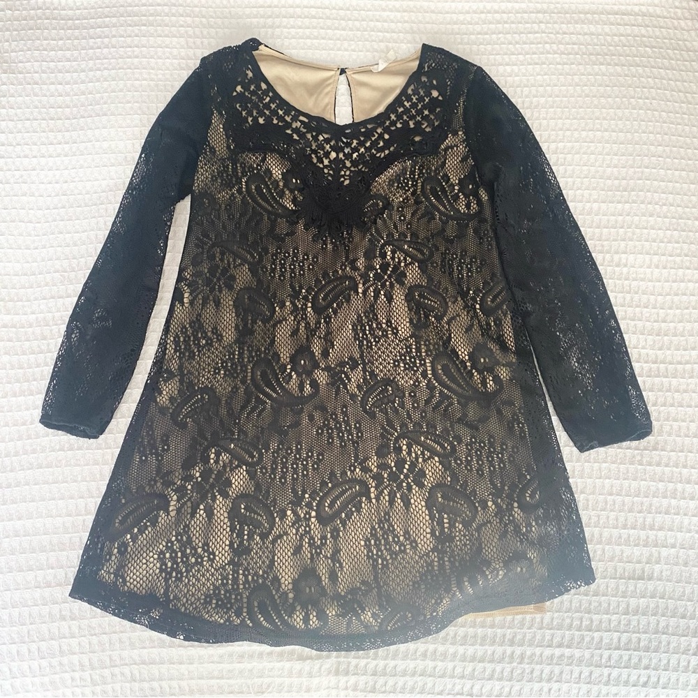 Lush black lace overlay long sleeve mini shift dress size small